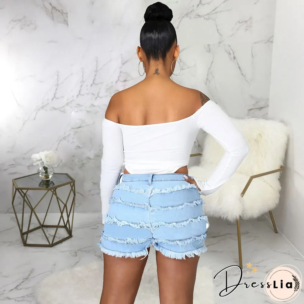 Summer Sexy Patchwork Women Ripped High Waist Holes Stretch Streetwear Plus Size Denim Shorts