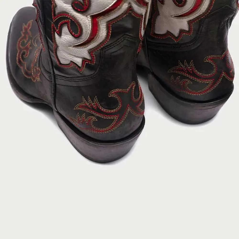 Patchwork Pattern Chunky Heel Round Toe Black Cowboy Boots for Women
