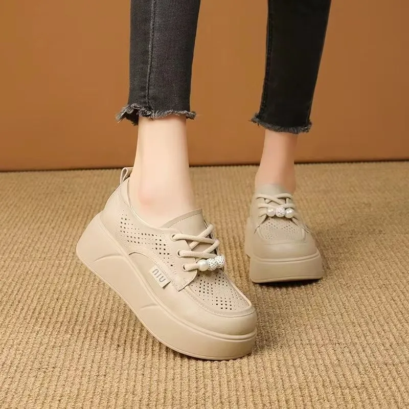 Churchf Spring And Summer New Korean Version Fashion Round Head Deep Mouth Thick Front Lace Hole Casual Single Shoes Women