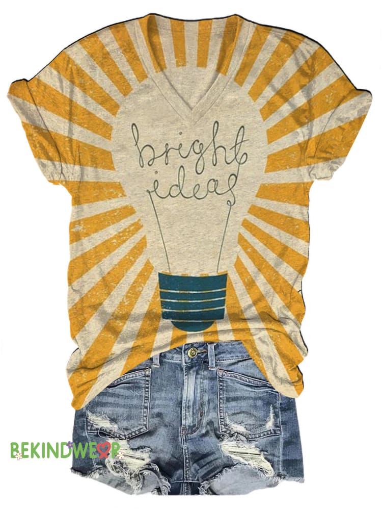 Bright Ideas Printed Casual V-Neck Short Sleeve T-Shirt Multicolor / S