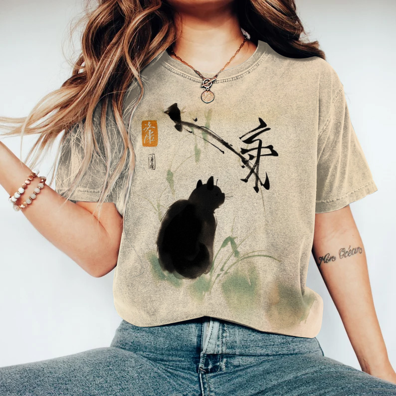 Ink Cat Japanese Art Vintage T Shirt elevenforest