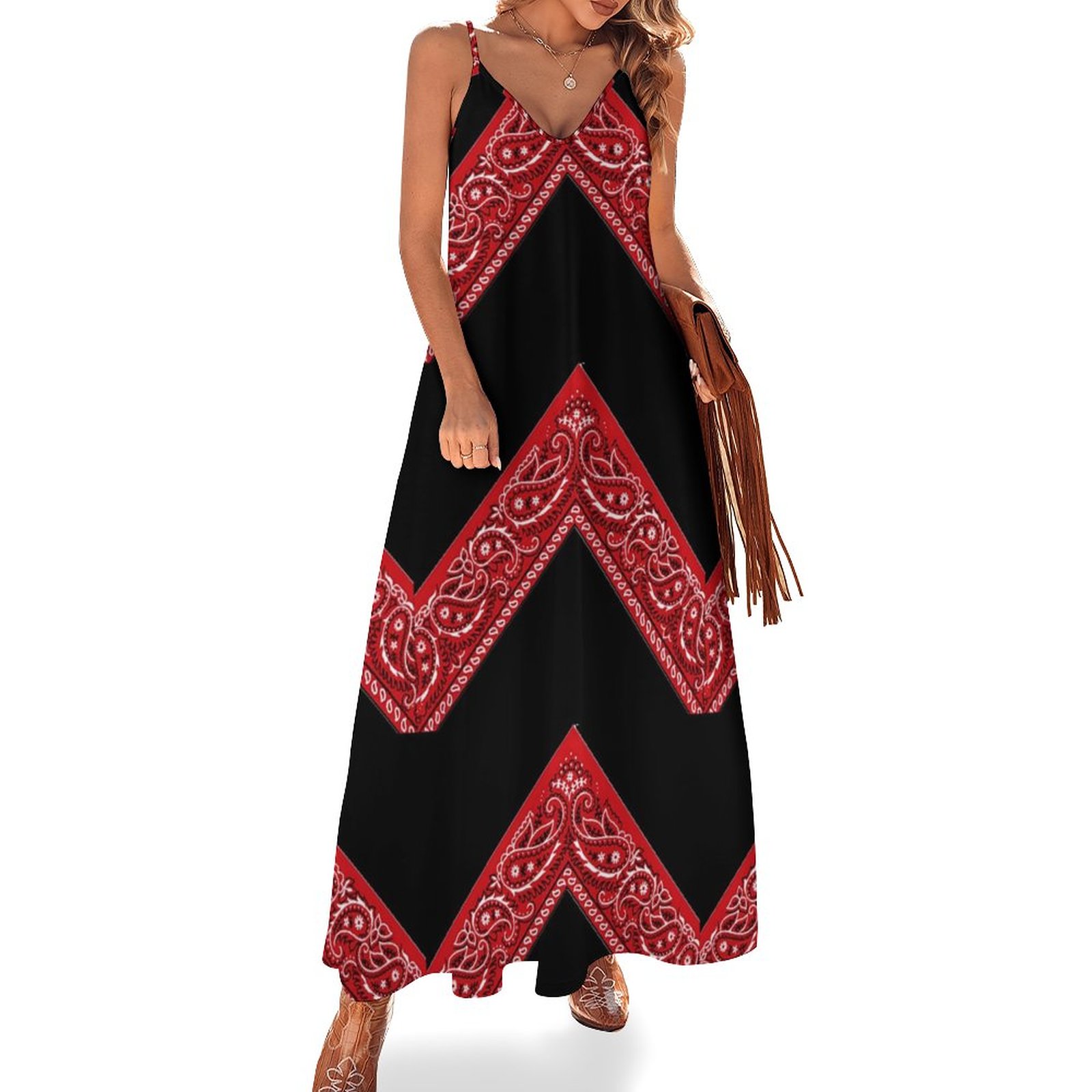 Paisley Bandana Red Hanky Women's Casual Strappy V Neck Sleeveless Flowy  Loose Long Maxi Beach Dress Sundress