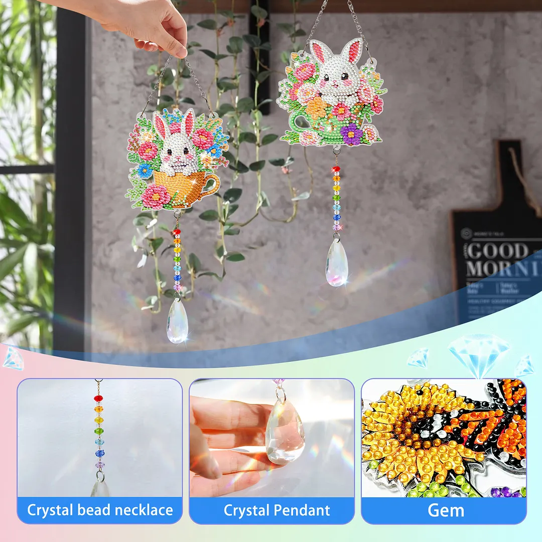 2Pcs Teacup Rabbit DIY Double-Sided Diamond Painting Hanging Kits Diamond Painting Suncatcher Craft Kit for Home Garden Wall Decor Gift