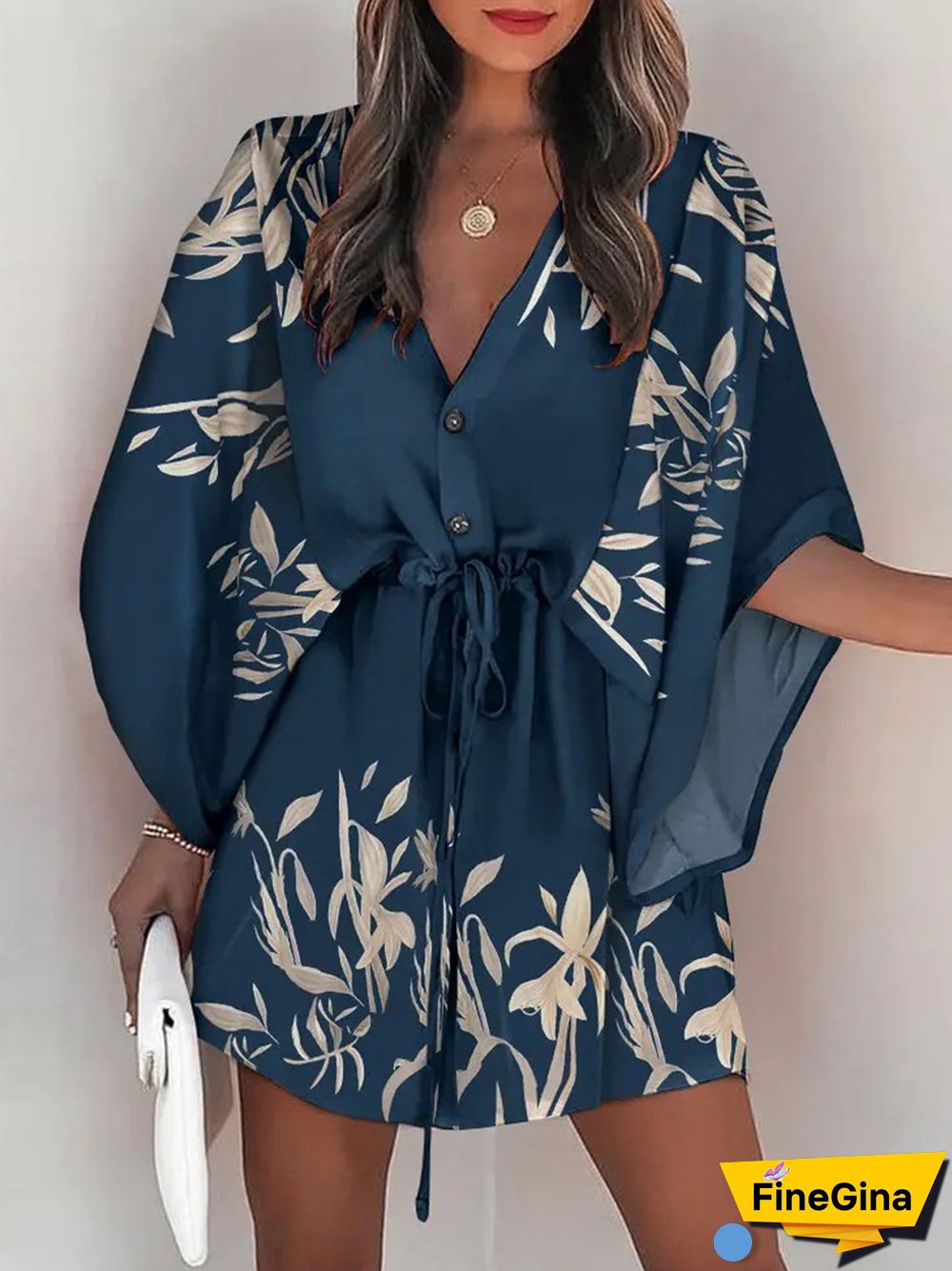 Summer Women's Fashion Holiday Dress Casual Print Flying Sleeve V-Neck Drawstring Mini Loose Dresses For Women Streetwear