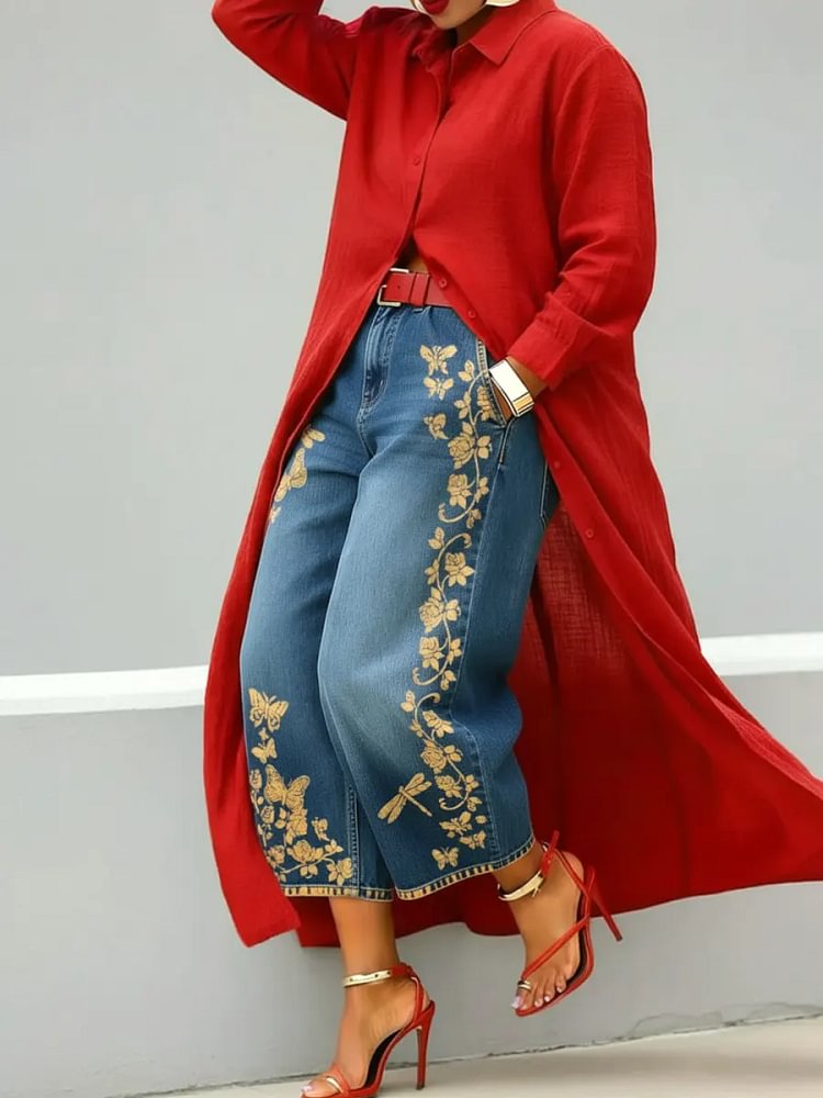 Women's Abstract Art Print Casual Loose Wide-leg Denim Pants