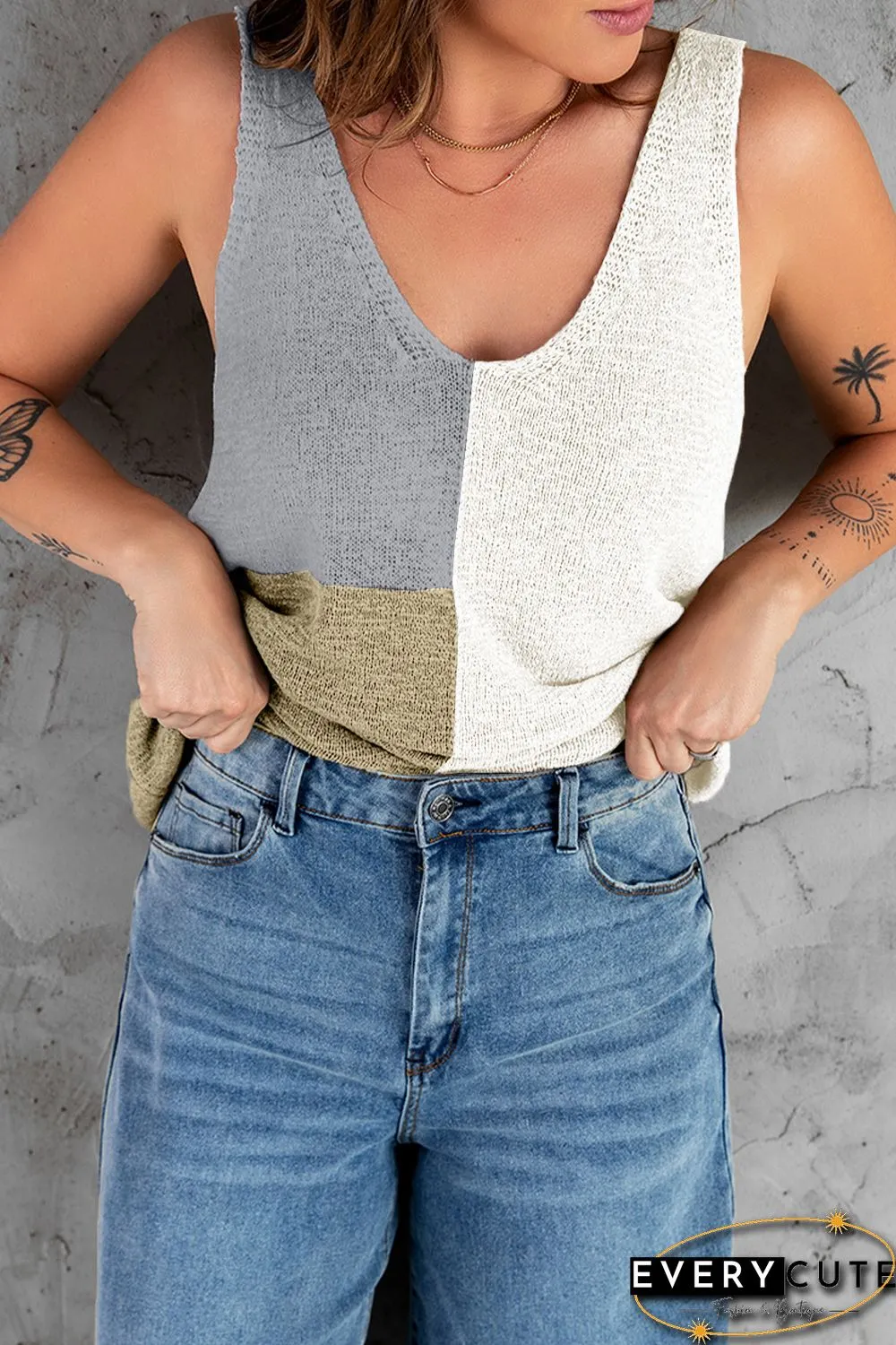 White Color Block Knitted Tank Top