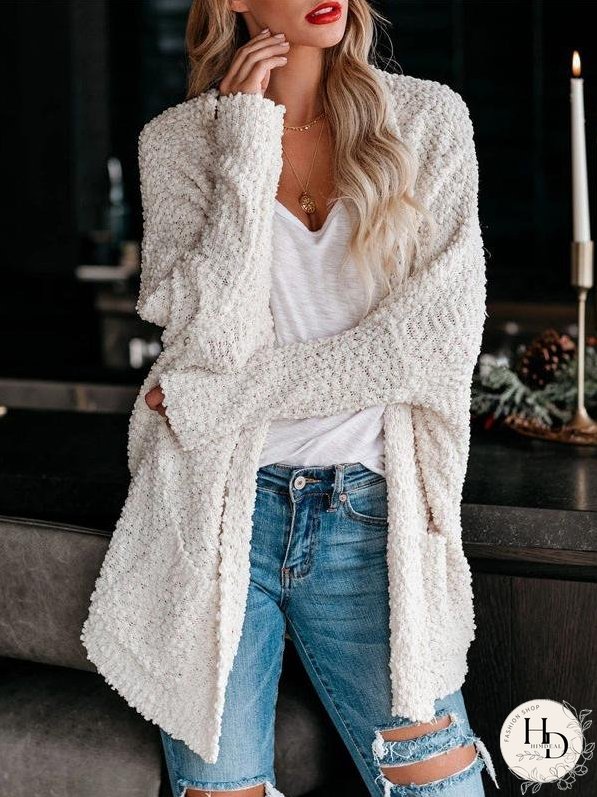 Cardigans Fashion Pocket Long Sleeve Plush Cardigan for Women