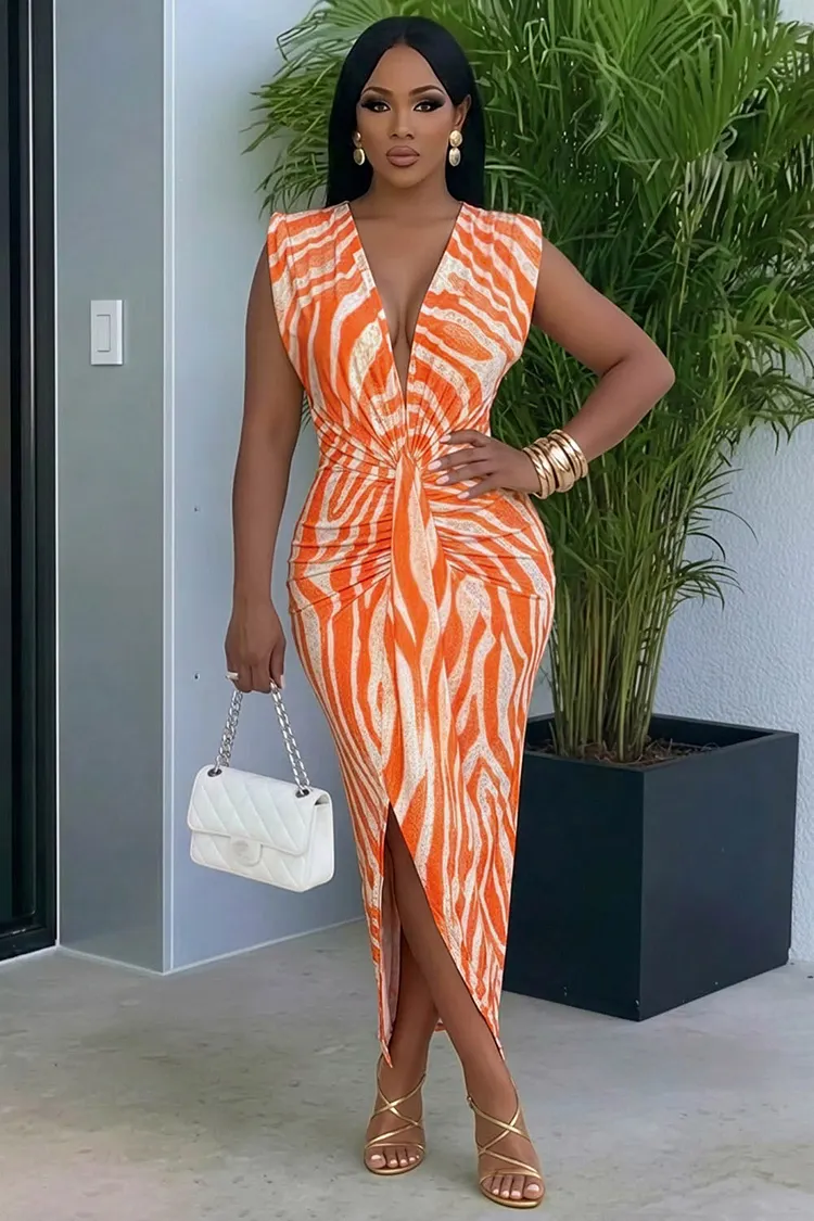 knee length dresses for ladies Orange Printed Maxi Dress With Criss Cross Back