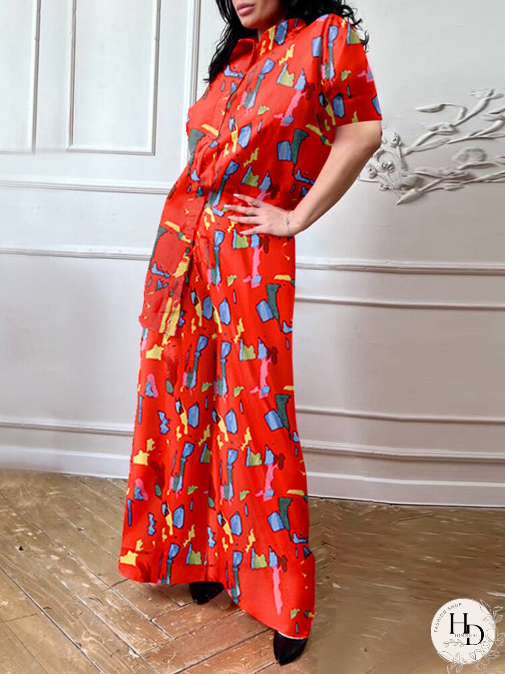 Brush Print Lapel Pocket Short Sleeve Wide Leg Two Pieces Suit
