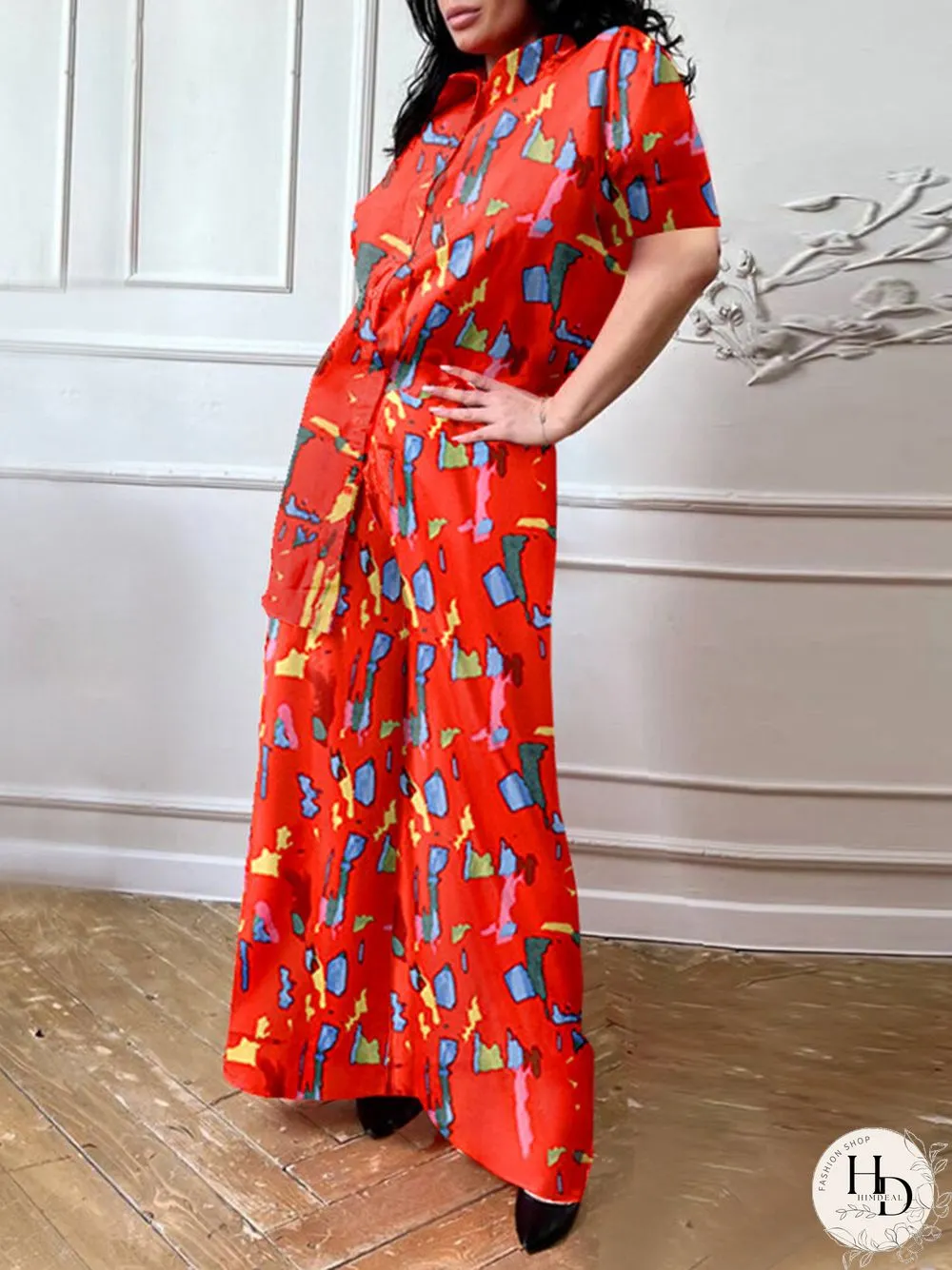 Brush Print Lapel Pocket Short Sleeve Wide Leg Two Pieces Suit
