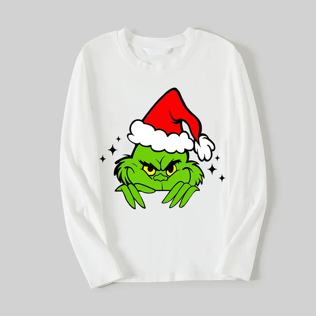 Christmas Cute Green Cartoon Pattern 2024 White Long Sleeve with White&Red&Green Plaid Pants Family Matching Pajamas