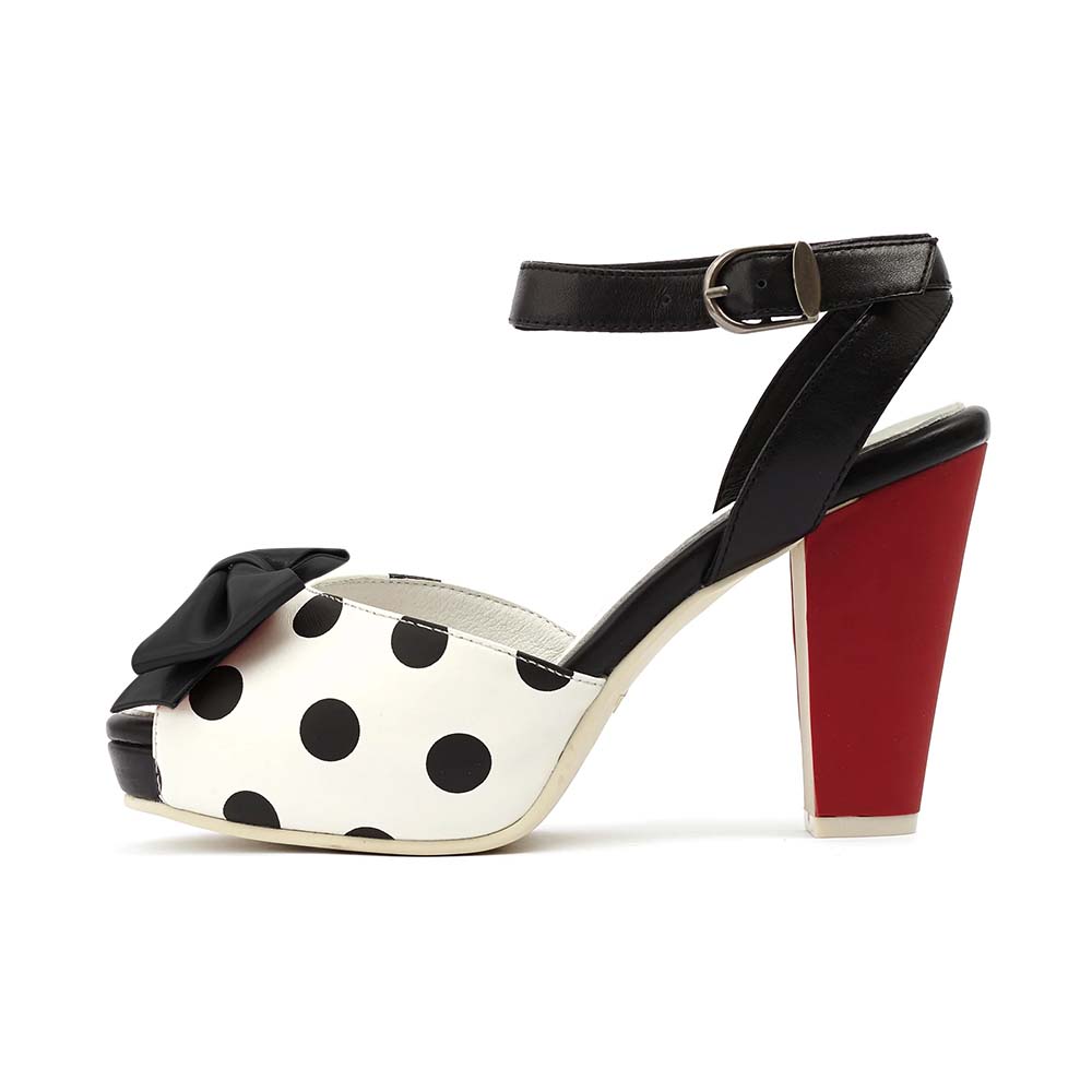 White & Black Dot Open Toe 4'' Chunky Heel Ankle Strap Sandals Nicepairs