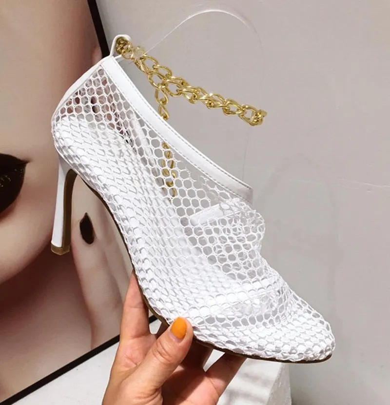 New designer lace air mesh Women Pumps Fashion hollow out shallow chain High heels Elegant Summer Office Ladies Shoes 35-42