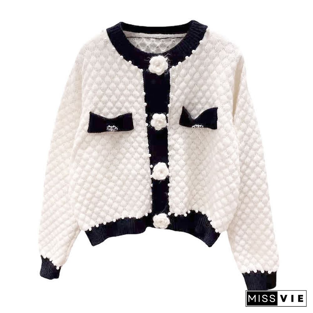 Pearl Decor 3D Blossom Button Cardigan Sweater