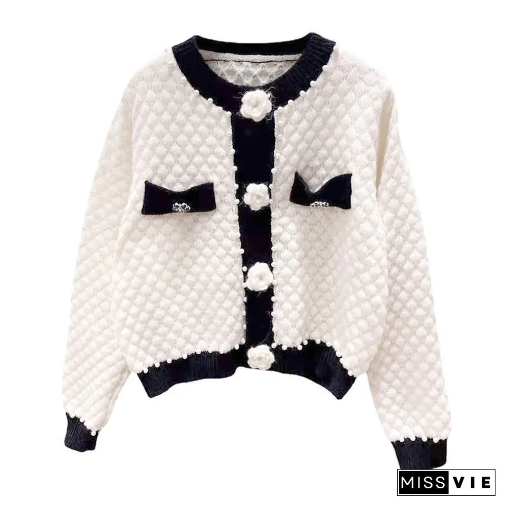 Pearl Decor 3D Blossom Button Cardigan Sweater