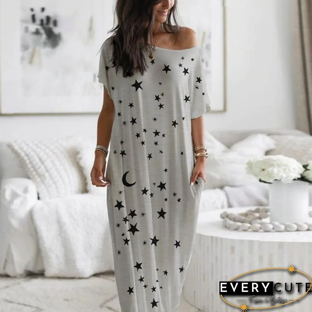 Plus Size Xs-5Xl Women Loose Casual Short Sleeve Moon Stars Print Maxi Dress Home Clothes Soft Long Dresses Homeware Vestidos Casuales