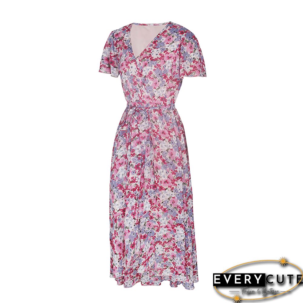 Pink Tie Waist Short Sleeve High Low Floral Dress