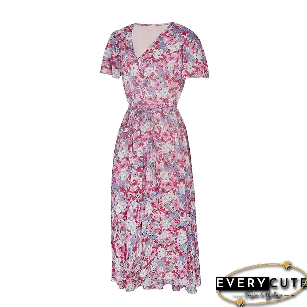 Pink Tie Waist Short Sleeve High Low Floral Dress