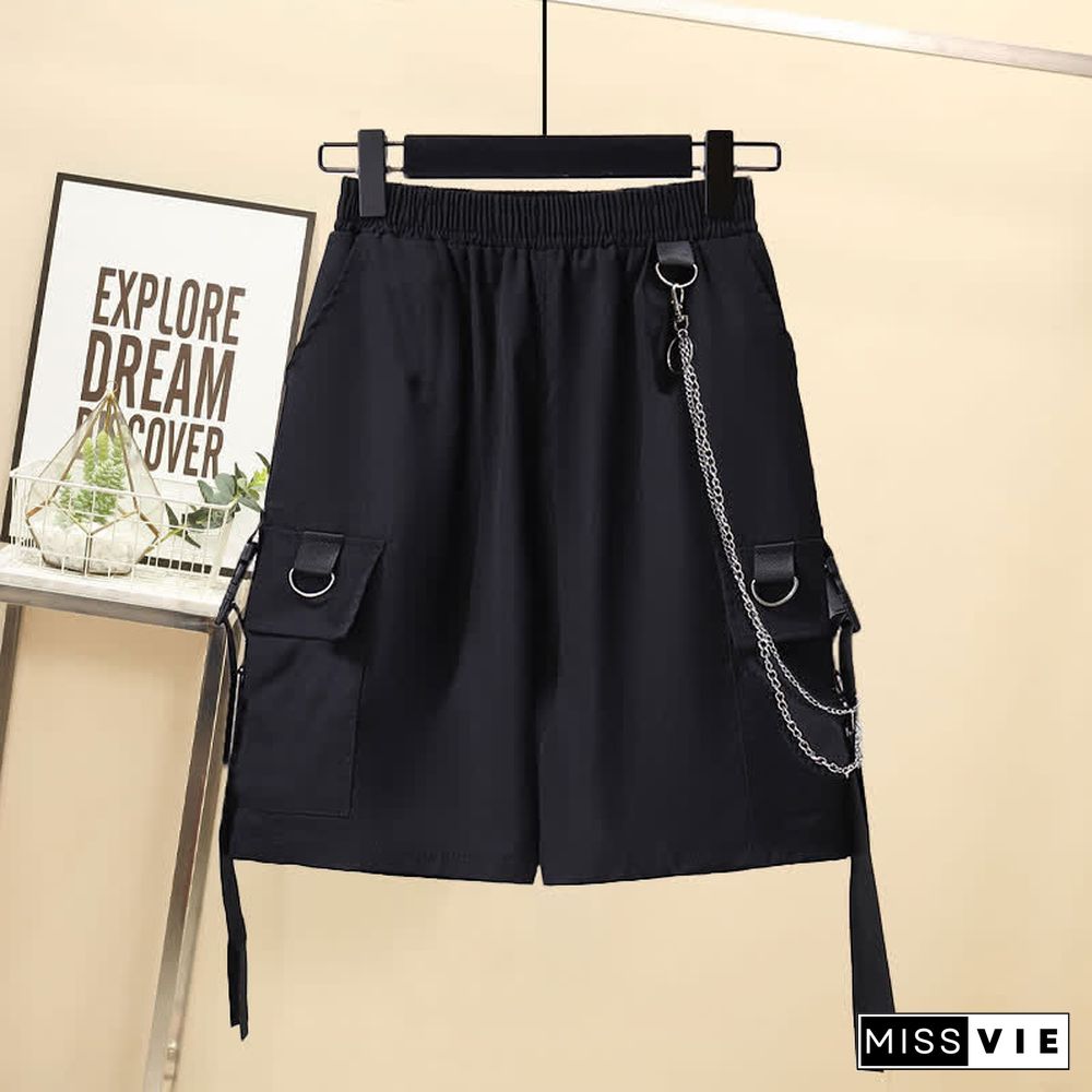 Chic Pocket Lapel Tie T-Shirt Casual Chain Cargo Shorts Pants