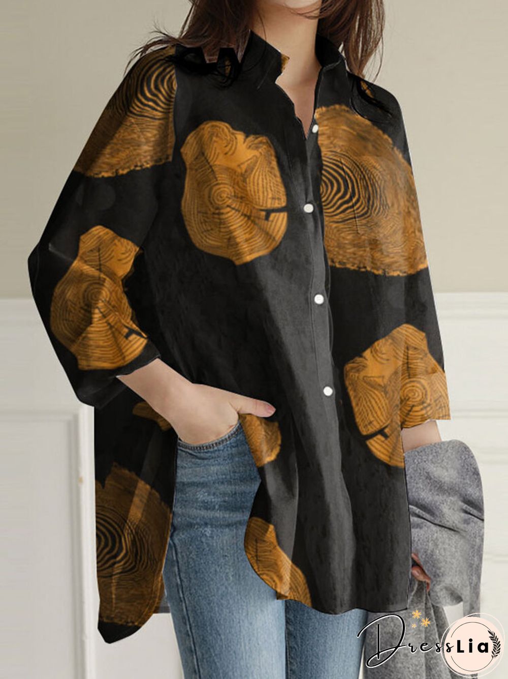 Geometry Print Long Sleeves Casual Loose Blouse With Pockets