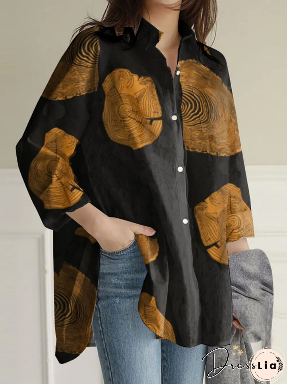 Geometry Print Long Sleeves Casual Loose Blouse With Pockets