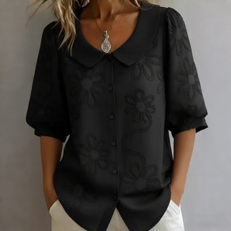 Loose Vintage Button Embroidered Floral Mid-sleeve Shirt elevenforest