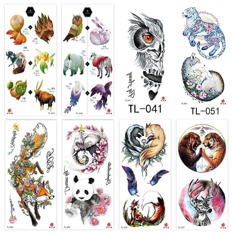 1~8 pieces of animal plants wolf bear bird art tattoo stickers disposable waterproof temporary tattoo stickers for men and women