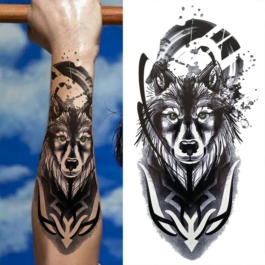 Cross Lion Temporary Tattoo For Women Men Adult Skull Tiger Wolf Forest Tattoo Sticker Black Fake Realistic Demon Tatoos Forearm 530