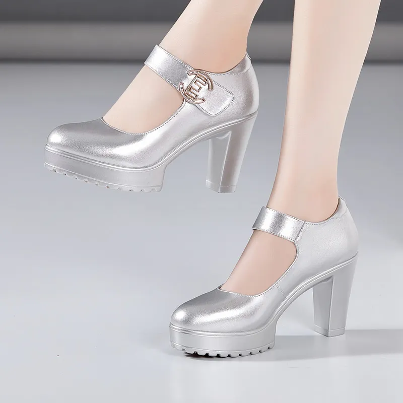 Breakj High Heel 12Cm Cheongsam Model Catwalk Shoes Women's Thick Soles Waterproof Platform Silver Round Head Stage Performance Shoes Women's Singles Shoes