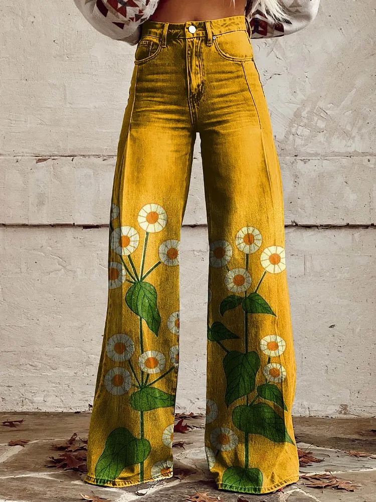 Women's Yellow Flower Print Casual Wide Leg Pants