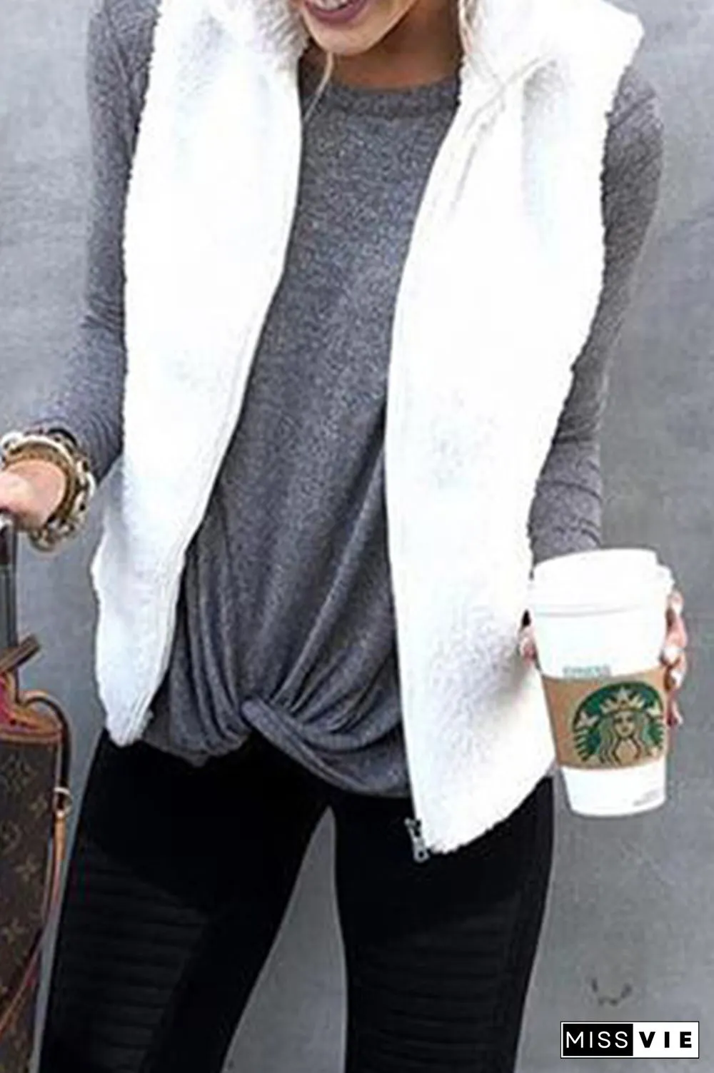 Fashion Solid Pocket Zipper Mandarin Collar Tops