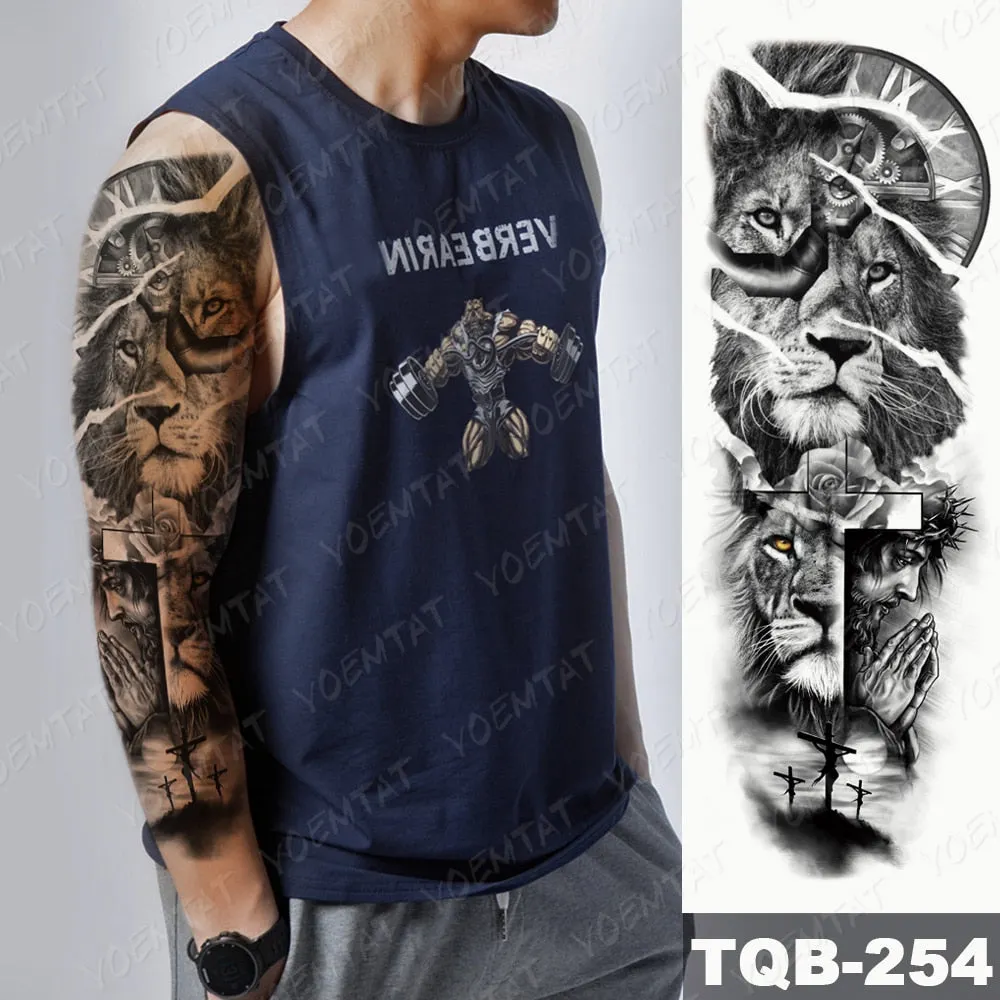 Large Arm Sleeve Tattoo Bird Crow Forest Moon Waterproof Temporary Tatto Sticker Lion Wolf Clock Body Art Full Fake Tatoo Men