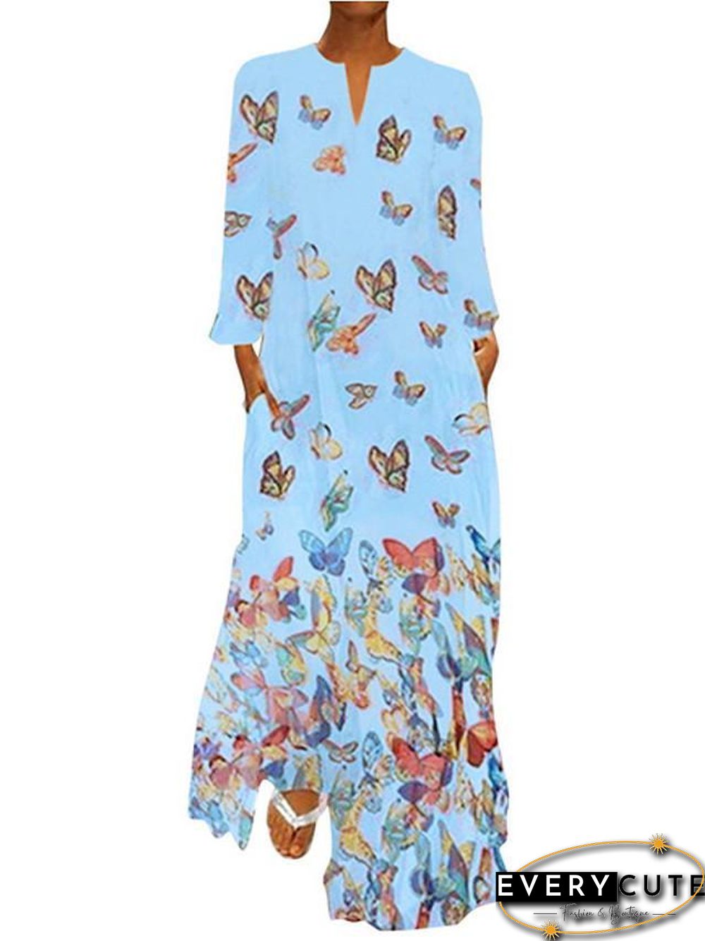 Women's Shift Dress Maxi long Dress - Long Sleeve Butterfly Spring Fall Hot Loose White Yellow Blushing Pink Light Blue S M L XL XXL 3XL 4XL 5XL