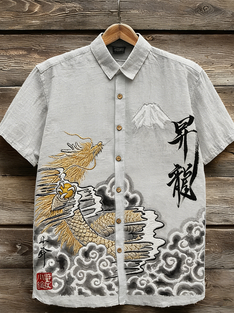 Vintage Dragon Calligraphy Art Short Sleeve Linen Shirt elevenforest