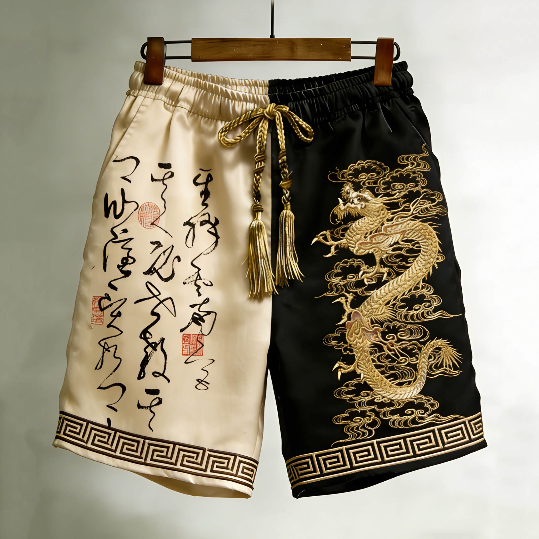Men's Vintage Calligraphy And Dragon Color Blocking Art Linen Blend Shorts elevenforest