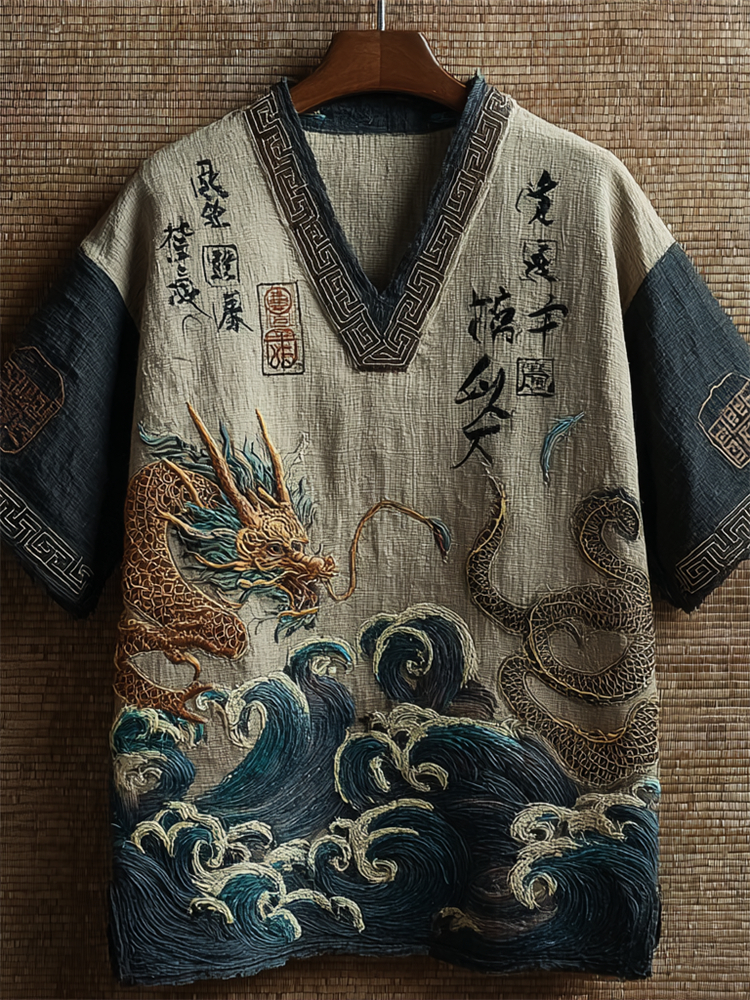Japanese Dragon & Sea Waves Calligraphy Art Linen Shirt elevenforest