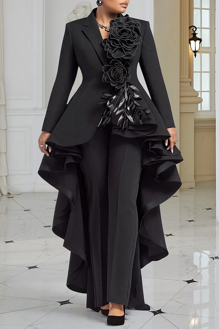 Xpluswear Design Plus Size Wedding Guest Black Lapel Collar Long Sleeve Asymmetric Hem Elegant 3D Two Piece Pant Suits
