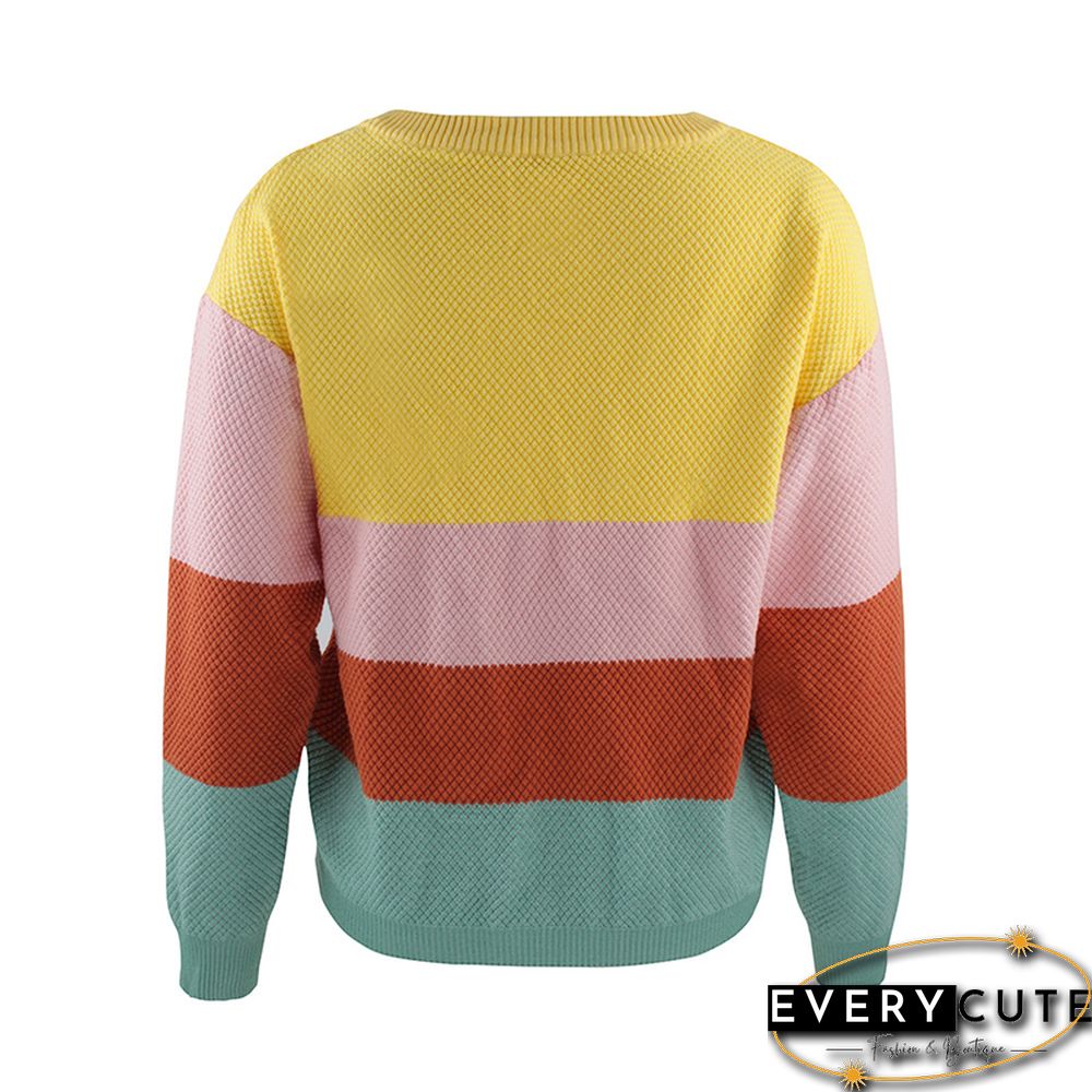 Yellow Colorblock V Neck Pullover Sweater