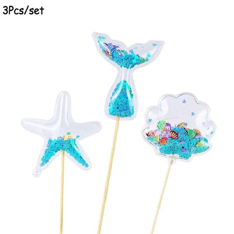 1Set Mermaid Party Happy Birthday Cake Topper Cupcake Toppers Girl Baby Shower Little Mermaid Theme Birthday Party Decorations
