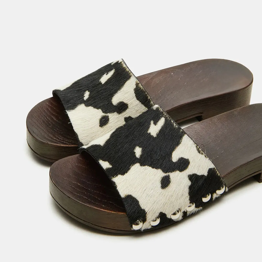 Black & White Faux Leather Round Toe Studded Clog Slides for Women