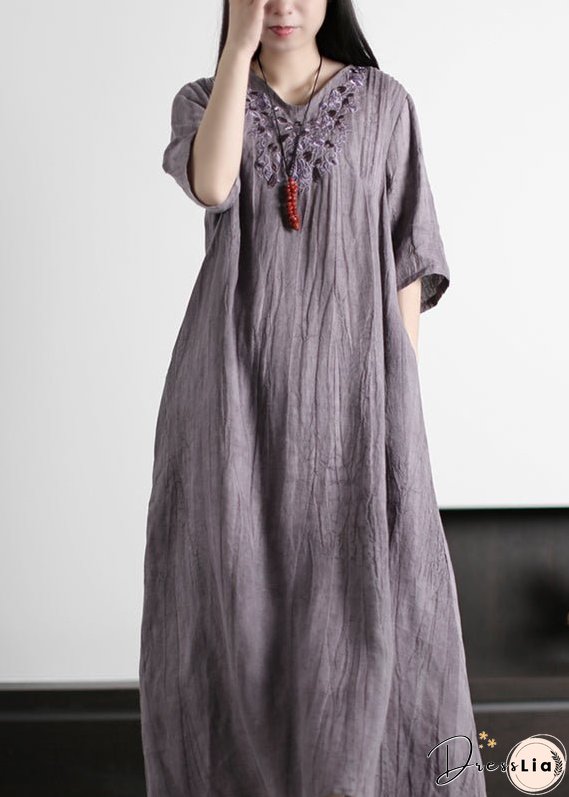 Italian Grey V Neck Embroideried Wrinkled Linen Long Dresses Half Sleeve