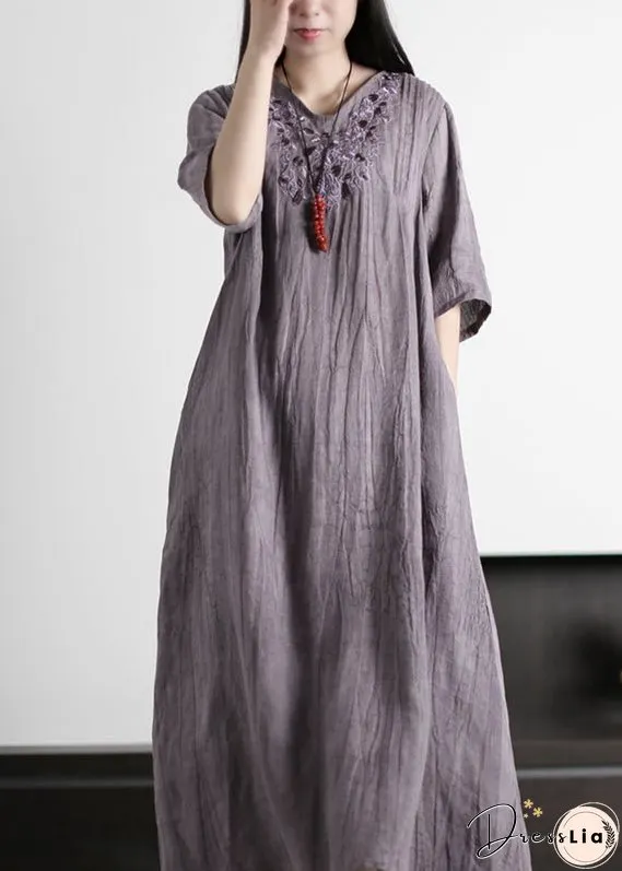 Italian Grey V Neck Embroideried Wrinkled Linen Long Dresses Half Sleeve