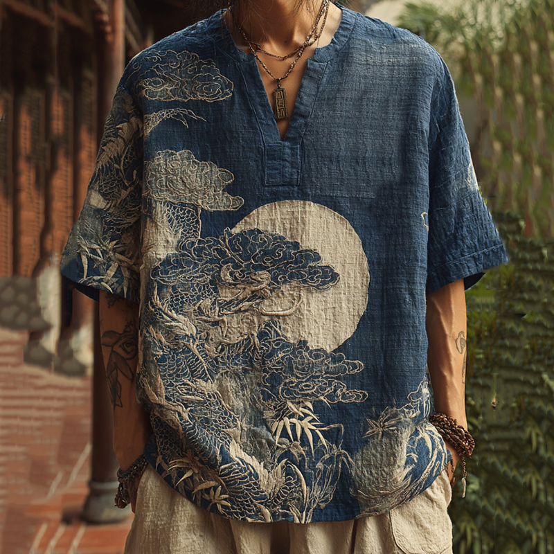 Men's Retro Landscape Embroidery Casual V Neck Short Sleeve Shirt