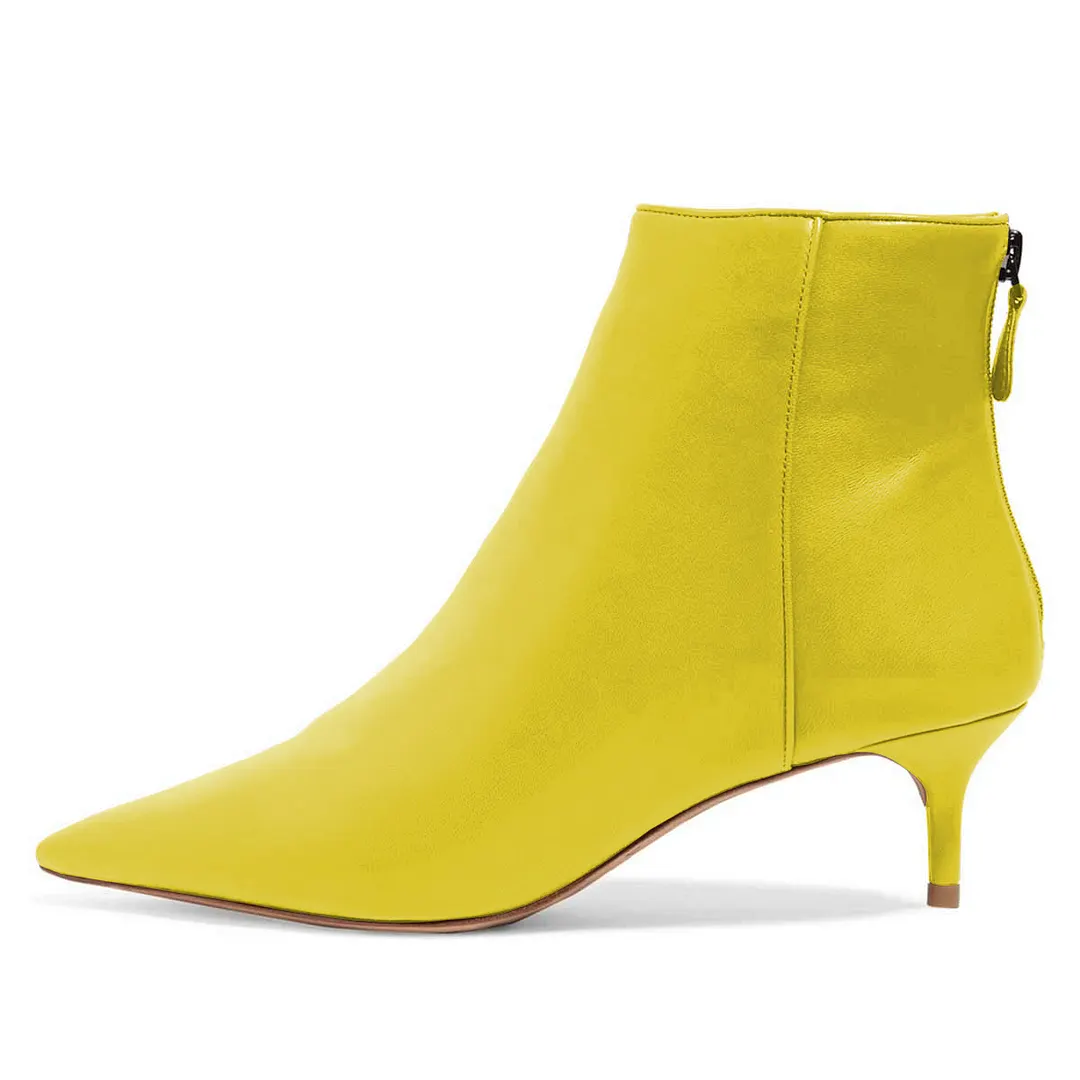 Vegan Leather Pointed Toe Back-Zip Kitten Heel Ankle Boots in Yellow