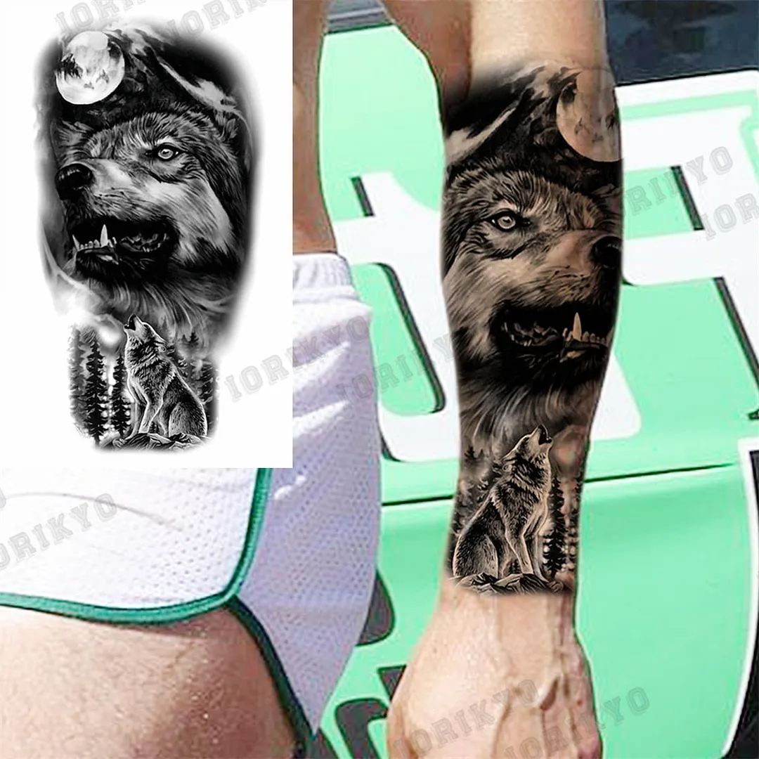 Black Lion Wolf Temporary Tattoos For Men Adult Forest Rose Compass Warrior Fake Tattoo Washable Body Art Painting Tatoo Sticker