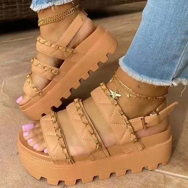 Women Comfotable Fashion Pu Chain Adjusting Buckle Thick Bottom Sandals
