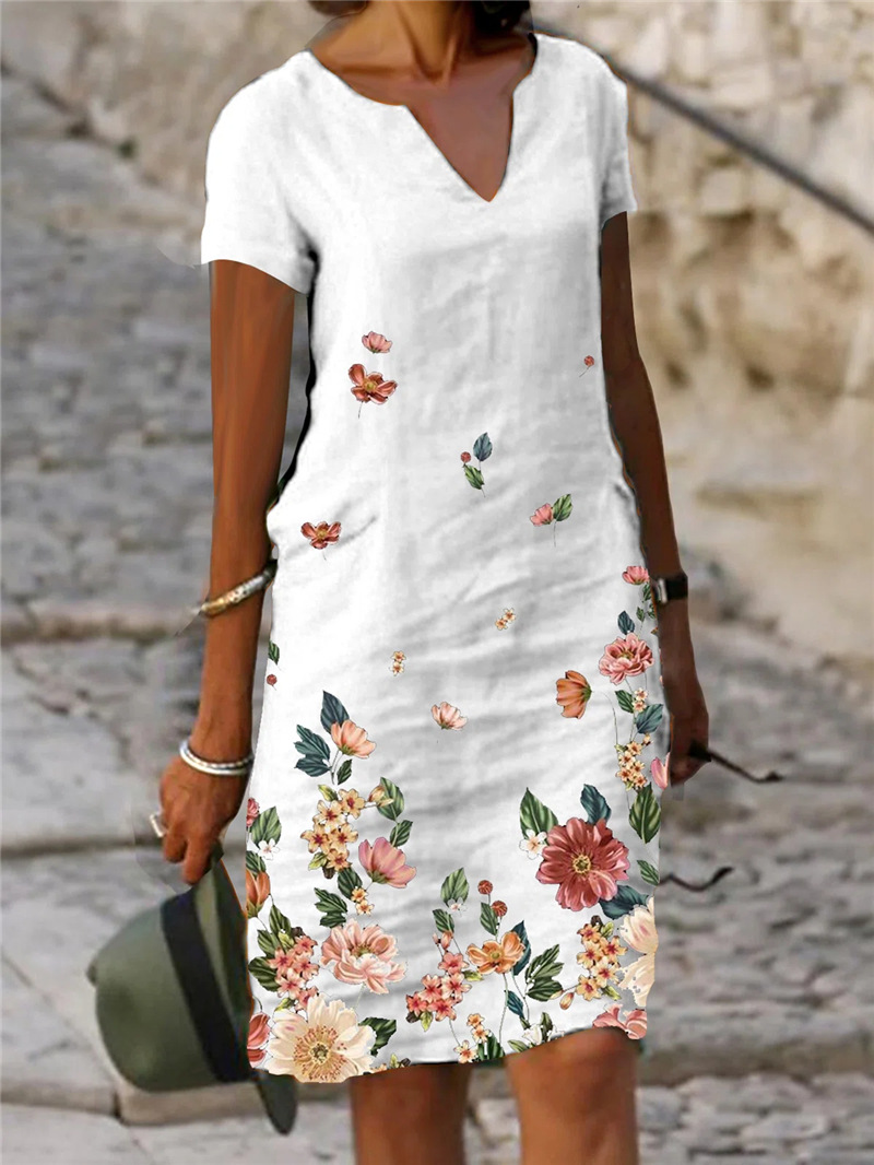 Plus Size Floral Printed Cotton and Linen Short Sleeve Midi V-neck Dress