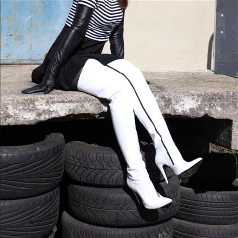 GOOSHOE Thigh High Boots Lady Pointy Over Knee Boots High Heel Long Boots Women White Red Black