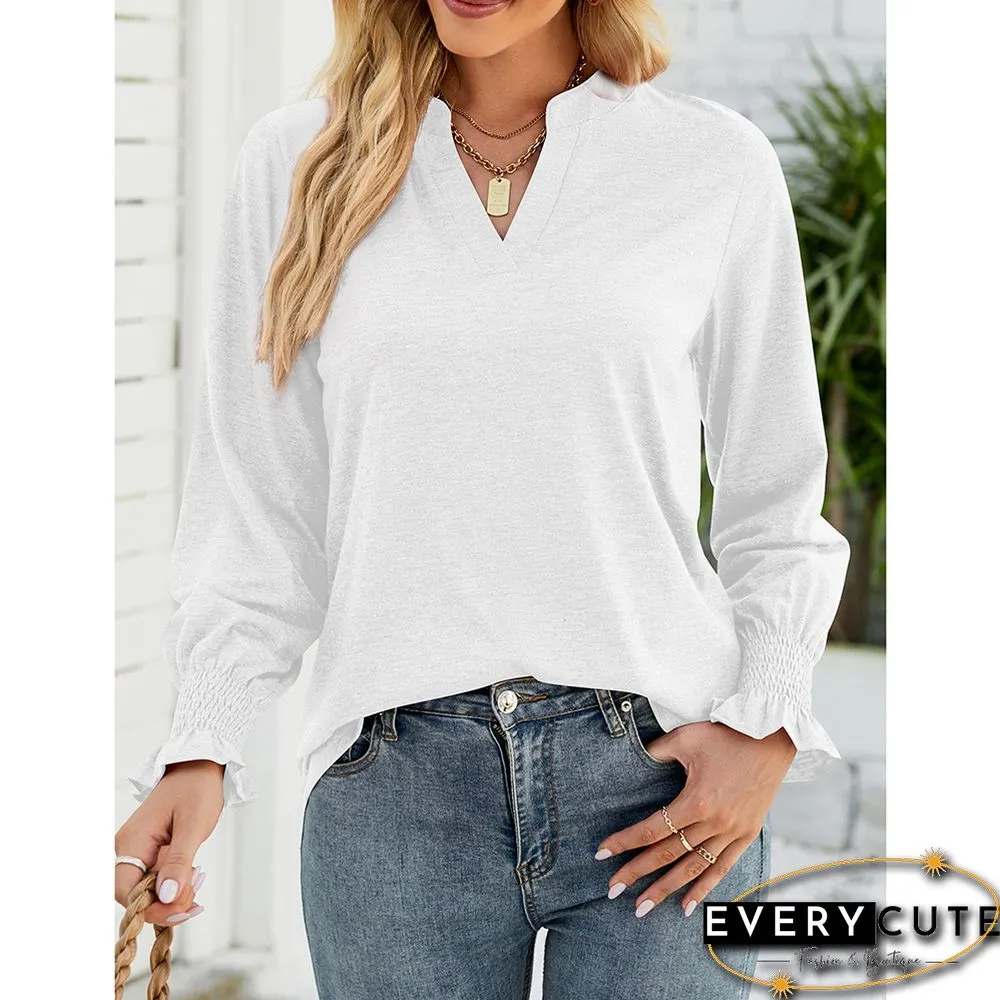 White V-neckline Ruffle Long Sleeve Tops