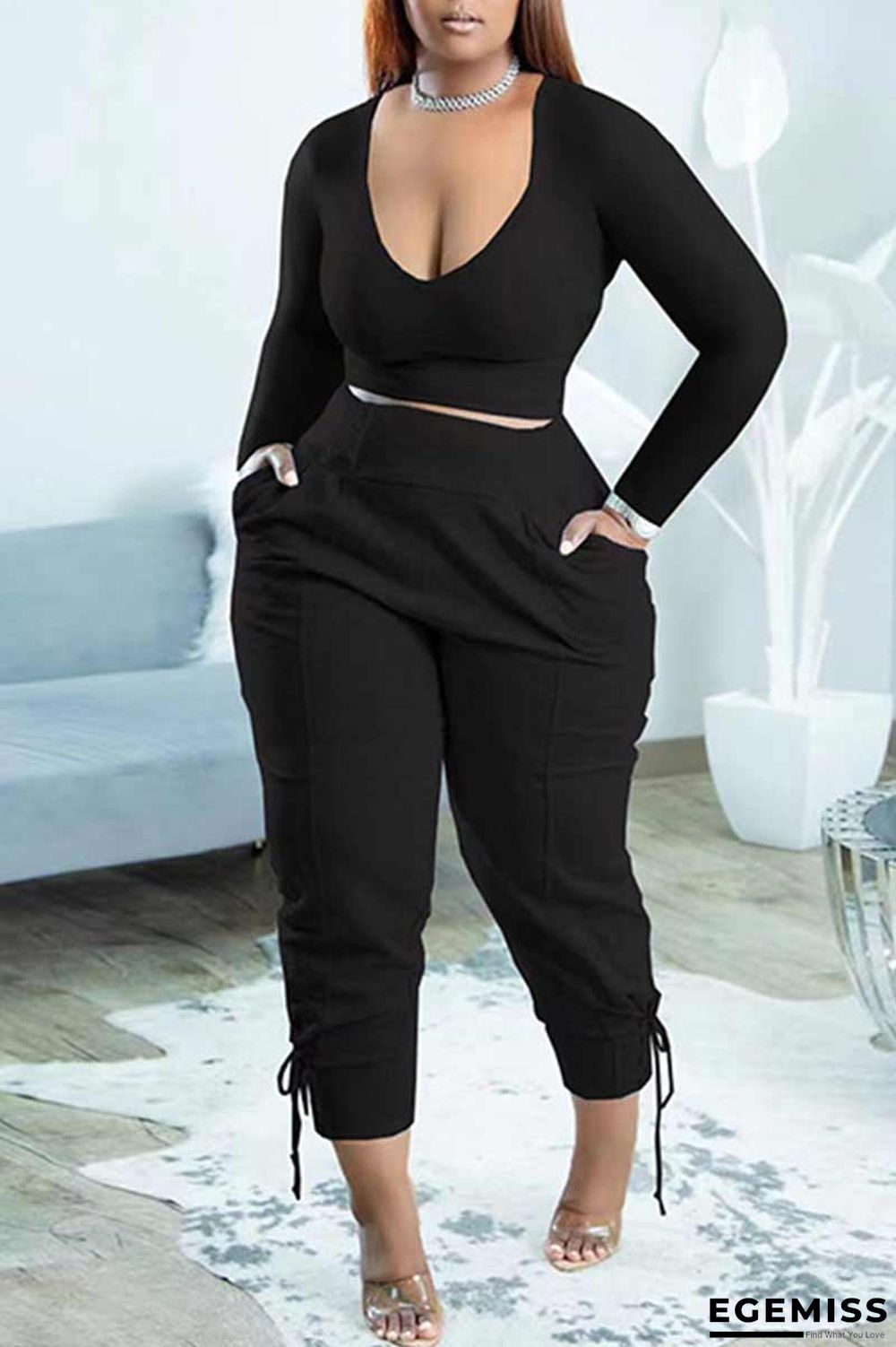 Black Casual Solid Bandage Patchwork V Neck Plus Size Two Pieces | EGEMISS